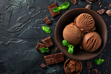 chocolate ice cream in a bowl on a dark background with pieces of chocolate and mint leaves, in a top view. A summer food concept.