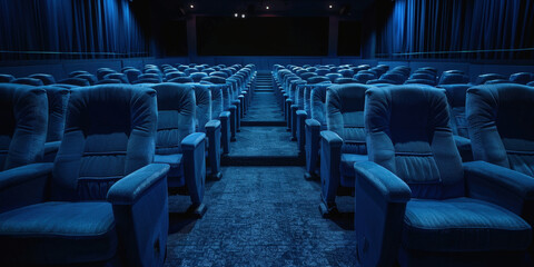 Naklejka premium Empty movie theater with rows of comfortable blue seats, illuminated by ambient lighting. The cinema hall features a modern design, providing a spacious and inviting environment for moviegoers..