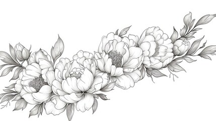 Floral corner design, peonies and magnolia flowers, vector line art, high resolution, clean white background generated with AI