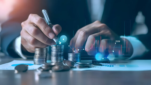 Businessman drawing a growing graph with coins and data charts for a financial plan or development of a business in the year 2026 