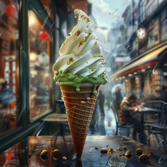 Naklejka premium Ice cream cone with a creamy matcha greentea taste, topped with pitachio and a dollop of whipped cream, against a cozy cafe background 