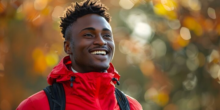A man wearing a red jacket smiles. Concept Outdoor Photoshoot, Colorful Props, Joyful Portraits