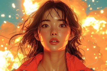 A colorful illustration of a picture of a cartoon girl with brown wavy hair, an orange outfit, and blushing cheeks, with a colorful explosion painting as a wallpaper behind the girl.