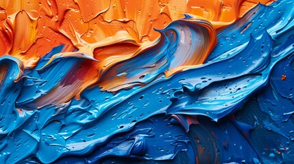 This artistic close-up depicts fluid blue and orange paint strokes, creating a wave-like pattern