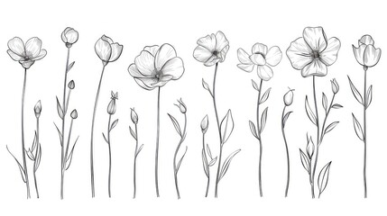 A set of delicate wildflower line drawings, clipara style illustrations in a simple and elegant design generated with AI