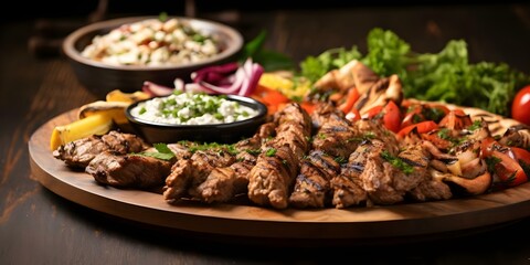 Platter of Turkish-Arabic Fusion Dishes Kebabs, Dolma, and Shawarma. Concept Turkish-Arabic Fusion, Kebabs, Dolma, Shawarma, Platter Presentation