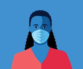 Female avatar. Mask mode, great design for any purpose. Female character wearing a medical mask. Medical worker illustration in flat style. 