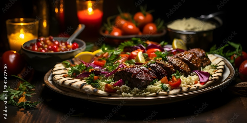 Wall mural Arabic Grilled Delights Kebabs and Shawarma Selection. Concept Arabic Cuisine, Grilled Kebabs, Shawarma Varieties, Middle Eastern Flavors, Delicious BBQ Options - Wall murals