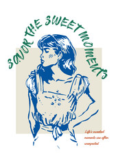 Beautiful girl Vector poster on the theme of Dolce vita, sweet life hand-drawn drawings with interesting, inspiring phrases for the comfort of your home.