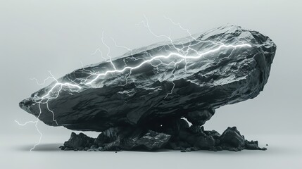 A large, jagged rock with lightning striking through it, isolated on a white background