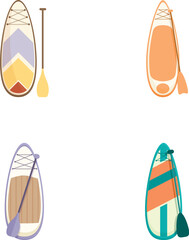 Four colorful vector illustrations of cartoonstyle kayaks with paddles, isolated on a white background