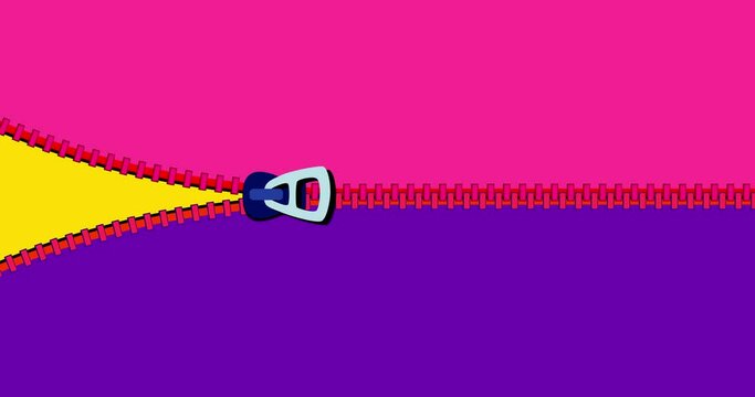 Zipper transition wipe horizontal pink violet isolated background. Cartoon animation preset good for any use. Motion design multi color element. Business, art, education, science, fashion, etc...