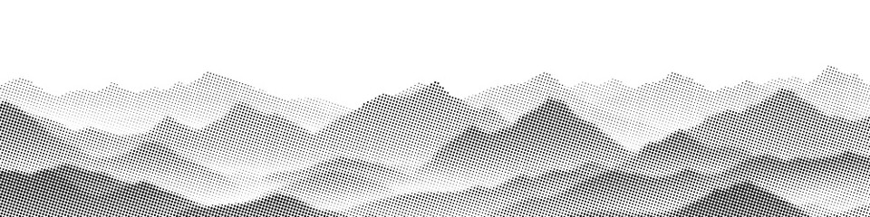 Mountain landscape, seamless border, vector halftone dots background, fading dot effect	