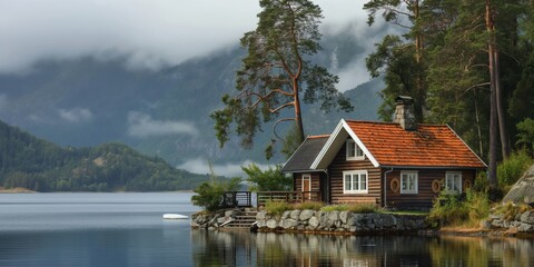 Fototapeta premium A beautiful scene of a wooden cabin by the lakeside, surrounded by lush trees and overlooking a calm lake, perfect for a peaceful retreat and enjoying nature.