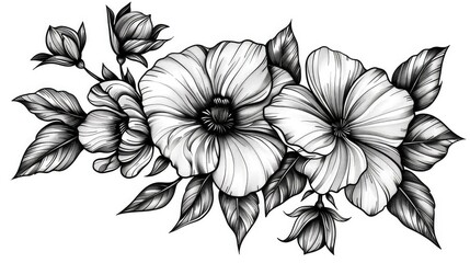 Flowers design, ink art style, white background, monochrome color palette, vector illustration, simple lines, generated with AI