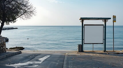 Small blank billboard at a bus stop on a tranquil seaside promenade.