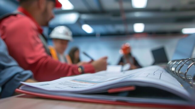A team member flips through a thick binder referencing safety regulations and codes while discussing potential risks during the meeting.