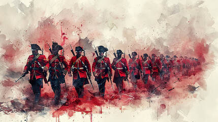 Redcoat soldiers advance through red haze illustration. Generated by AI