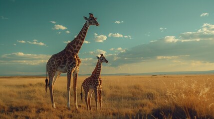 A baby giraffe standing next to its mother on the savannah.