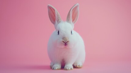Fototapeta premium White rabbit on pink background, cute pet portrait. Animal photography concept