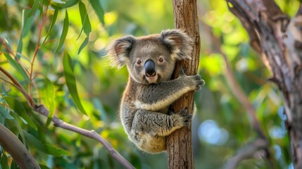 Fototapeta premium A baby koala clinging to a eucalyptus tree branch in the Australian outback.