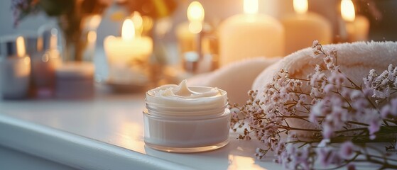 A serene spa scene with lit candles, moisturizer cream, and fresh flowers, creating a peaceful ambiance perfect for relaxation and self-care.