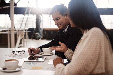 Business meeting, people and performance review with tablet, paperwork and hr manager for advice. Corporate group, team building and employee appraisal with tech for sales feedback and support