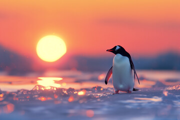 Obraz premium penguin in antarctica at sunset