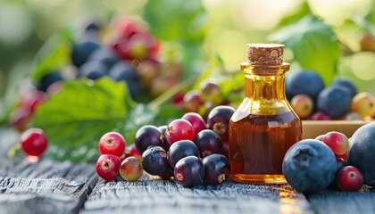 Fresh berries and a bottle of essential oil on a wooden table, with a blurred natural background, reflecting organic and healthy living.