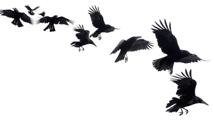 Fototapeta premium Crows and other black birds in flight, forming a flock against a transparent PNG background.