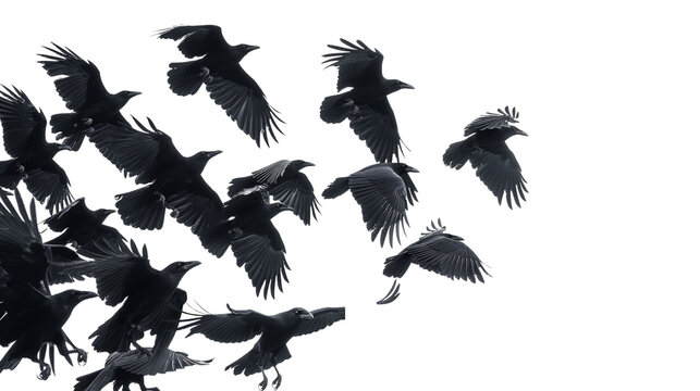 A stunning sight of black birds, predominantly crows, soaring together in the air with a transparent PNG background.