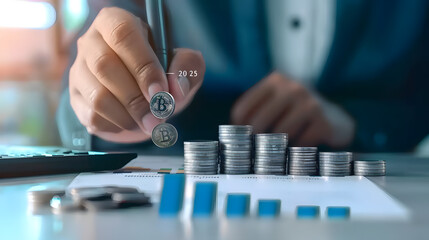 Businessman drawing a growing graph with coins and data charts for a financial plan or development of a business in the year 2025 