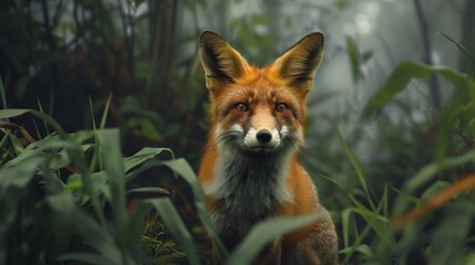 A close-up of a red fox standing alert in a dense forest.