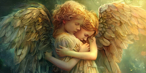 Ethereal Embrace: Angels Wrapped in the Wings of Compassion - Angels enfolding each other in their wings, a gesture of compassion and care that transcends earthly understanding