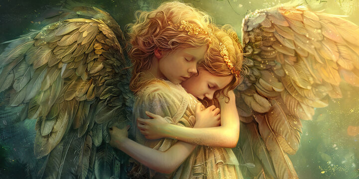 Ethereal Embrace: Angels Wrapped in the Wings of Compassion - Angels enfolding each other in their wings, a gesture of compassion and care that transcends earthly understanding