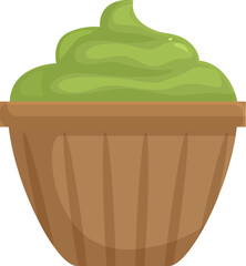 Green wasabi paste is served in a wooden bowl with fresh sushi at a japanese restaurant