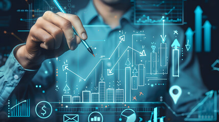 Businessman drawing upward arrows on a virtual screen with a growth graph chart and arrow up icon for a business plan