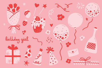 birthday party hand-drawn elements. Vector birthday girl illustration