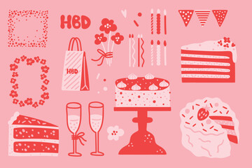 birthday party hand-drawn elements. Vector birthday girl illustration