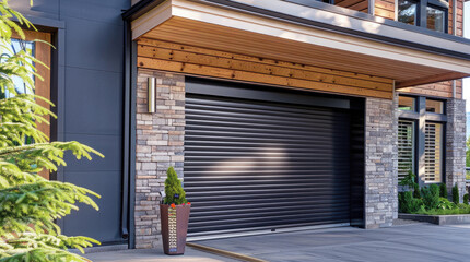 Plain black roll-up horizontal lined metal garage door.