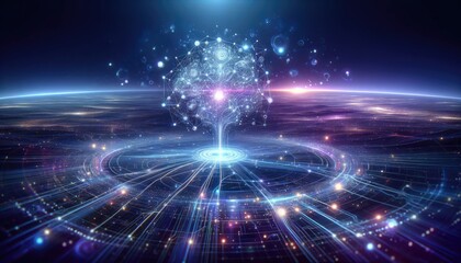 Obraz premium Futuristic abstract neural network illustration with a minimalistic design and soft gradient, perfect for modern presentation slides. Featuring ample clear space for text integration, tech projects.