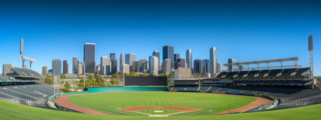 Naklejka premium Urban Baseball Stadium with Cityscape Background