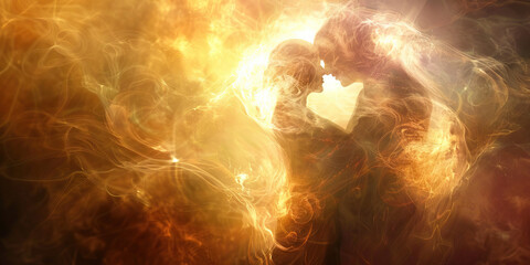 Divine Connection: Souls Embracing in the Light of Truth - Souls intertwining in a radiant embrace, their connection forged in the purest light of divine truth and love