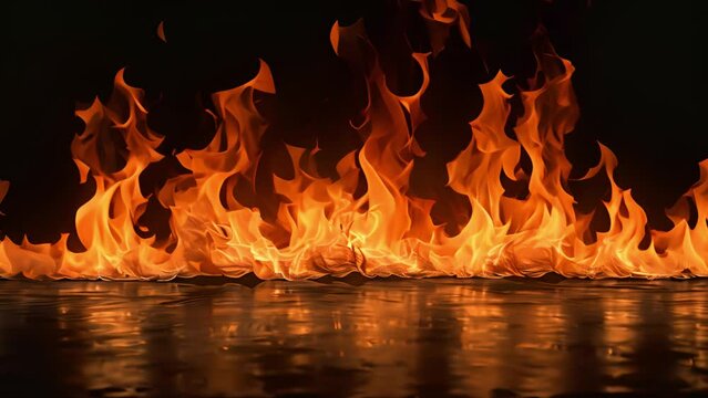 A photograph of a line of fire flames burning against a black background, reflecting in a dark surface.