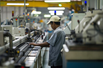 Fototapeta premium Worker operating machinery in factory