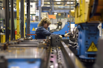Person working close to robotic factory equipment