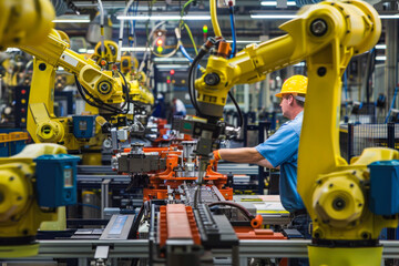 Worker with robotic arms in assembly plant