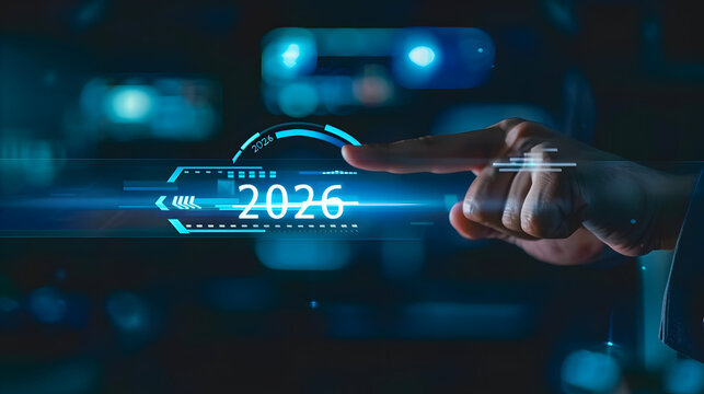 Businessman hand touching digital screen with a progress bar loading and the text 2026 floating on a dark background 