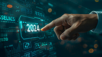 Businessman hand touching digital screen with a progress bar loading and the text 2024 floating on a dark background 