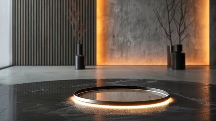 Obraz premium Circular LED Light on Black and White Table with Light Orange and Gold Tones, Featuring Mysterious and Ethereal Forms